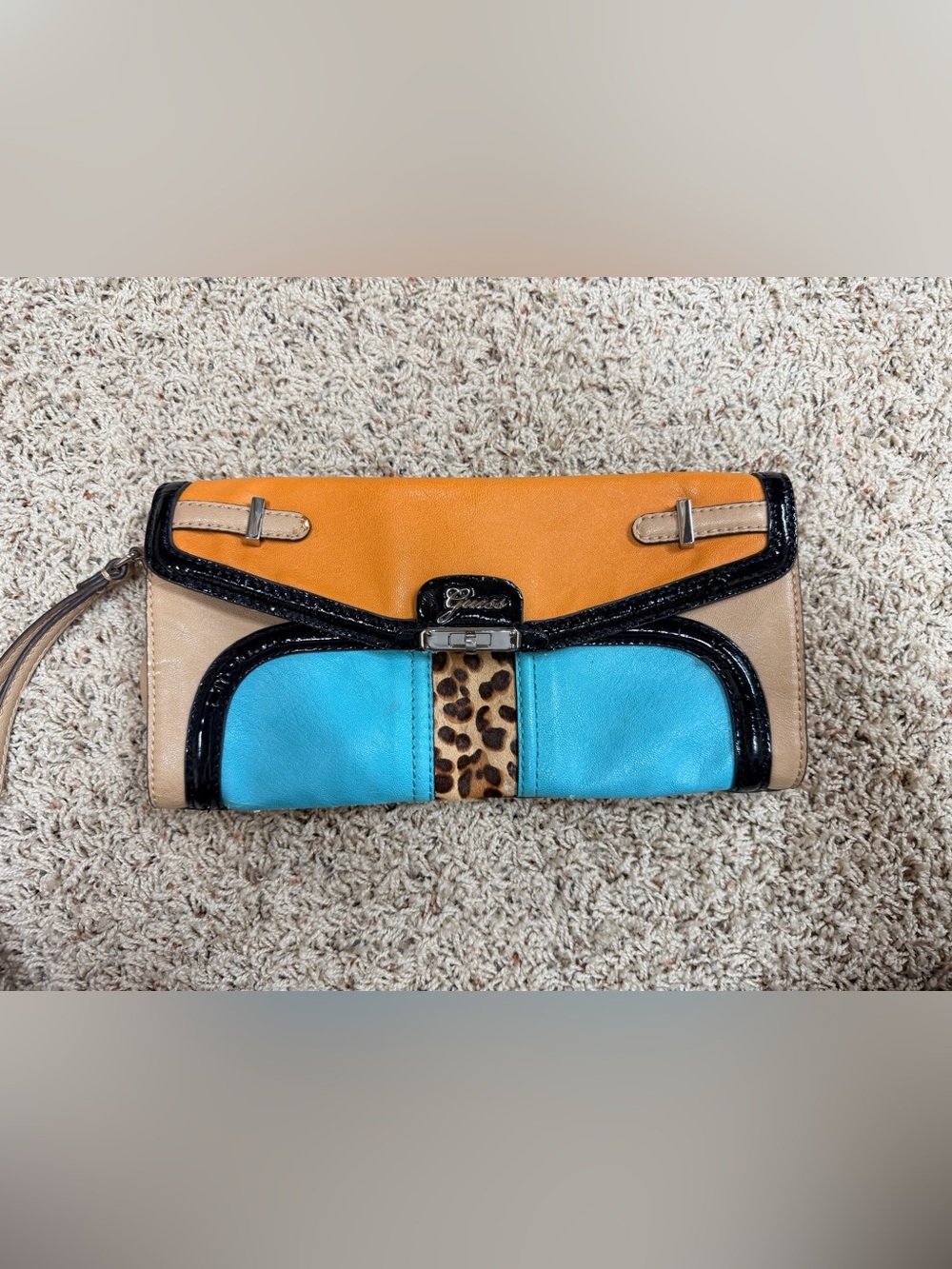 Vintage Guess Turquoise, Orange & Leopard Accent Clutch
